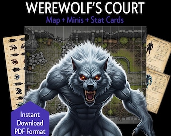 Printable DnD Werewolf Encounter Kit – Werewolves, Humans, Courtyard, Battle Map, Minis, Stat Cards, TTRPG, DM Tool, Homebrew (PDF Download)