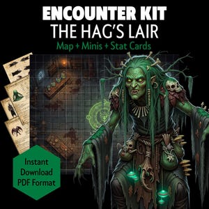 Può includere: Un kit di incontro intitolato "The Hag's Lair" con un'illustrazione di una strega verde. Il kit include una mappa, miniature e carte statistiche. Il testo dell'immagine recita "Download istantaneo in formato PDF."