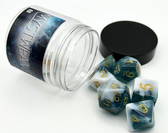 Mystweave Dice Set 7pc Blue, White Resin Polyhedral Dice DnD, TTRPG, Accessory, Gaming Gift