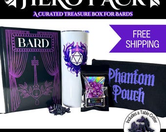 Bard Hero Pack Gift Set | DnD Bard Accessories Bundle | Dice, Notebook, Tumbler, Dragon Table Critter | Tabletop RPG Gift