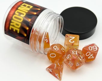 Encore Dice Set 7pc Orange, Yellow, Pink Foil Confetti Resin Polyhedral Dice DnD, TTRPG, Accessory, Gaming Gift