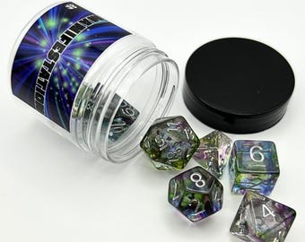 Manifestation Dice Set 7pc Purple, Blue, Green, Clear Swirl Resin Polyhedral Dice DnD, TTRPG, Accessory, Gaming Gift