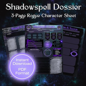 Rogue 5e Charakterbogen: Shadowspell Dossier (Printable & Fillable) DnD, TTRPG, (3 seitiges PDF)