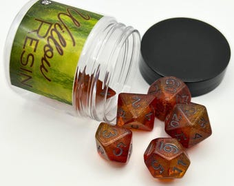 Willow Resin Dice Set 7pc Amber Glitter Resin Polyhedral Dice DnD, TTRPG, Accessory, Gaming Gift