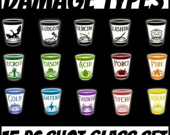 DnD Damage Type Shot Glass Set | 15 Count | DnD and BG3 Inspired | RPG Game Night | Collectible Drinking Glasses | Party & Tabletop Gear
