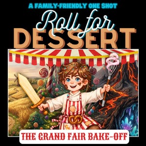 May include: A digital illustration titled A FAMILY-FRIENDLY ONE SHOT Roll for DESSERT THE GRAND FAIR BAKE-OFF featuring a cartoon baker holding a wooden sword and a whisk with pink frosting, standing before a candy landscape and a volcano.