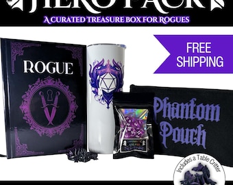 Rogue Hero Pack Gift Set | DnD Rogue Accessories Bundle | Dice, Notebook, Tumbler, Dragon Table Critter | Tabletop RPG Gift