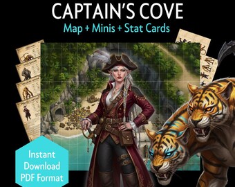 Printable DnD Captain's Cove Island Encounter Kit – Pirates, Beasts, Treasure, Battle Map, Minis, Stat Cards, TTRPG, DM Tools (PDF Download)