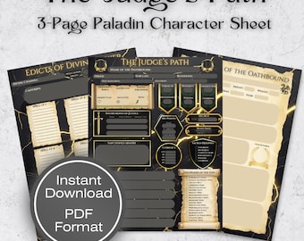 Paladin 5e Character Sheet: The Judge's Path (Printable & Fillable) DnD, TTRPG, (3 page PDF)