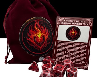 Fire Dice - Cinderheart | Acrylic Polyhedral Dice Set, Collector's Bag, Lore Card, DnD & TTRPG Accessory | Anniversary and Valentine’s Gift