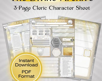 Cleric 5e Character Sheet: The Divine Archive (Printable & Fillable) DnD, TTRPG, (3 page PDF)