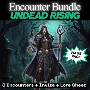 Può includere: Illustrazione per un "Encounter Bundle: Undead Rising" con una maga dai capelli scuri, vestita con un abito nero e marrone, che tiene in mano un bastone con un globo viola. Include il testo "3 Encounters + Invite + Lore Sheet" e un distintivo "Value Pack".