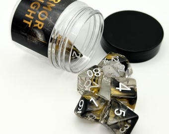 DnD Dice Set - Armor Weight | 7pc Black, Gold, Clear Swirl Resin Polyhedral Dice, DND Accessories, Tabletop Gift