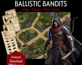 Printable DnD Bandit Encounter Kit – Bandits, Hounds, Ballista, Battle Map, Minis, Stat Cards, TTRPG, DM Tool, Homebrew (PDF Download)