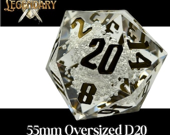 Giant 55mm D20 Chonk “Legendary” – Clear Translucent Sharp-Edge Dice | RPG Trophy Die, Boss Fight Tabletop, Collector’s Display, Epic Roll