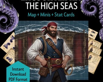 Printable DnD High Sea Ship Encounter Kit – Pirates, Kraken Tentacles, Wizard, Battle Map, Minis, Stat Cards, TTRPG, DM Tools (PDF Download)