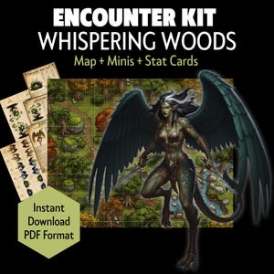 May include: An "Encounter Kit" for tabletop gaming, featuring a map, miniatures, and stat cards. The image includes a fantasy illustration of a winged humanoid figure with a forest backdrop. Text reads "Whispering Woods".