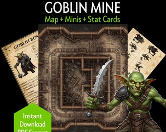 Kit de Encontro com Goblins D&D para Imprimir – Mina Goblin, Goblins, Mapa de Batalha, Miniaturas, Cartas de Estatísticas, RPG de Mesa, Ferramentas de Mestre, Homebrew (Download em PDF)