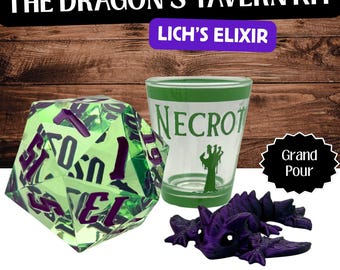 The Dragon’s Tavern Kit – Lich's Elixir | Necrotic Damage Gift Set |  DnD Gift, TTRPG Accessory, 55mm D20 Chonk, Shot Glass, Dragon Mini