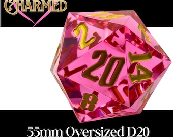 Giant 55mm D20 Chonk - Charmed | Pink Translucent Sharp-Edge Dice, DnD Gift, Anniversary, Accessories