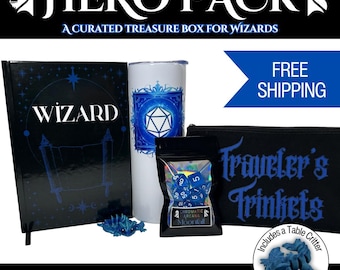 Wizard Hero Pack Gift Set | DnD Wizard Accessories Bundle | Dice, Notebook, Tumbler, Dragon Table Critter | Tabletop RPG Gift