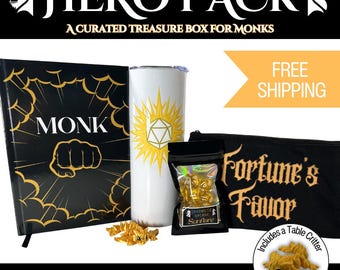 Monk Hero Pack Gift Set | DnD Monk Accessories Bundle | Dice, Notebook, Tumbler, Dragon Table Critter | Tabletop RPG Gift