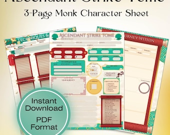Monk 5e Character Sheet - Ascendant Strike Tome | Printable & Fillable, DnD, Table Top Games, Instant Download, 3-page PDF
