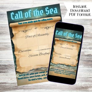 Könnte beinhalten: Ein druckbares PDF-Dokument mit nautischem Thema, das den Text "Call of the Sea" in einer stilisierten Schriftart enthält. Das Design umfasst eine Schriftrolle mit ausfüllbaren Feldern für "Port of Assembly", "Duration" und "Session Briefing".