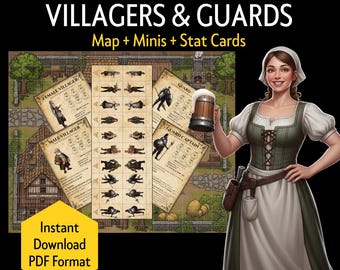 Printable DnD Village Encounter Kit – Villagers, Guards, Commoners, NPCs, Battle Map, Minis, Stat Cards, TTRPG, DM Tools (PDF Download)