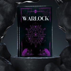 May include: A black book titled "WARLOCK" with purple accents. The cover features a skull, spiderweb, geometric shapes, and winged figures. The book is displayed on a dark gray pedestal, with a dark background.