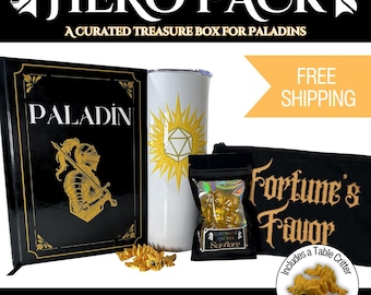 Paladin Hero Pack Gift Set | DnD Paladin Accessories Bundle | Dice, Notebook, Tumbler, Dragon Table Critter | Tabletop RPG Gift