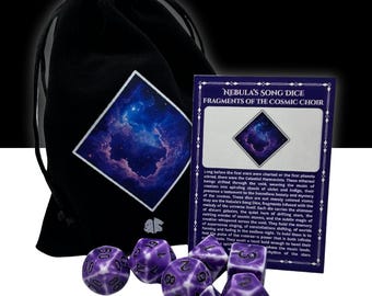DnD Dice Set | Cosmos Dice - Nebula's Song | 7pc Purple Polyhedral Dice Set, Dice Bag, and Lore Card, DND Accessories, Tabletop Gift