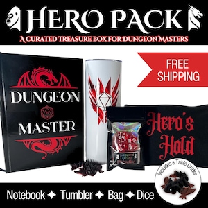 May include: A black "Hero Pack" treasure box for Dungeon Masters. Includes a notebook, tumbler, bag, and dice. The notebook and tumbler have red dragon designs. The bag says "Hero's Hold". Includes a table critter.