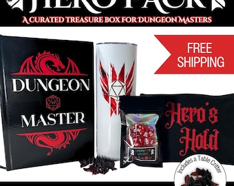 Dungeon Master Hero Pack Gift Set | DnD DM Accessories Bundle | Dice, Notebook, Tumbler, Dragon Table Critter | Tabletop RPG Gift