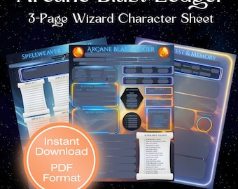 Wizard 5e Character Sheet: Arcane Blast Ledger (Printable & Fillable) DnD, TTRPG, (3 page PDF)