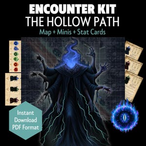 May include: An Encounter Kit titled "The Hollow Path" featuring a map, miniatures, and stat cards. The image showcases a dark fantasy theme with a spectral figure and a glowing blue eye. Text includes "Instant Download PDF Format".