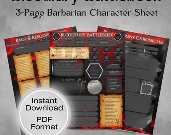 Barbarian 5e Character Sheet: Bloodfury Battlebook (Printable & Fillable) DnD, TTRPG, (3 page PDF)