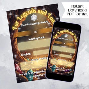 May include: A fantasy-themed invitation with the text "For Legends and Loot" and "Your Fellowship Awaits." The design features a cave entrance with gemstones and a die. A smartphone displays the same invitation. Text includes "Meeting Place" and "Session Briefing."