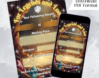 DnD Session Invite - Treasure | Printable & Fillable PDF, Campaign Invite, 3 File Sizes (5x7in, 8.5x11in, 1080x1920px Mobile)