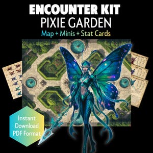 Op de afbeelding: Een Encounter Kit voor Pixie Garden, met een fantasie-illustratie van een fee met blauwe en groene vleugels, een kaart, miniatuurtjes en statkaarten. De kit bevat een instant download in PDF-formaat.