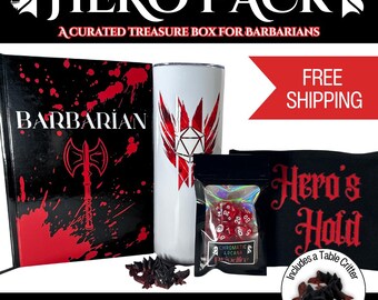 Barbarian Hero Pack Gift Set | DnD Barbarian Accessories Bundle | Dice, Notebook, Tumbler, Dragon Table Critter | Tabletop RPG Gift