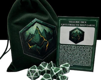 DnD Dice Set | Earth Dice - Telluric | 7pc Green Polyhedral Dice Set, Dice Bag, and Lore Card, DND Accessories, Tabletop Gift