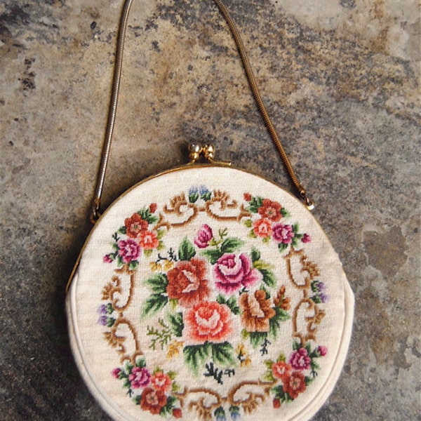 needlepoint purse, 1950's floral needlepoint wristlet bag w/ snake chain