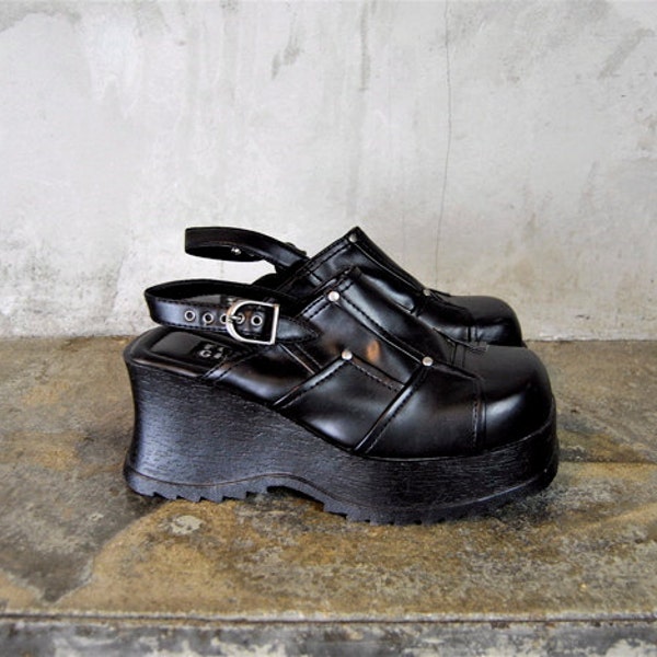 vintage shoes, 1990's black CLUB kid, GOTH patchwork chunky platform wedge mules with strap, 8.5, 39