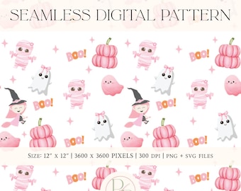 Carta digitale trasparente rosa con motivo di Halloween, mummie, fantasmi e zucche, sfondo senza soluzione di continuità in formato PNG / Summerween