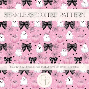 May include: A seamless digital pattern featuring a pink background with white polka dots. The design includes illustrations of white ghosts, black bows, pink pumpkins, and spiderwebs. The pattern is 12 inches by 12 inches.