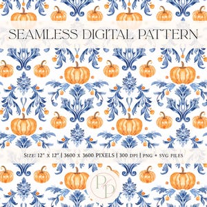 May include: A seamless digital pattern featuring watercolor pumpkins in shades of orange. The pumpkins are interspersed with blue floral elements on a white background. The pattern is 12" x 12" and includes PNG and SVG files.