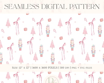 Pink Pastel Nutcracker Christmas Seamless Digital Wallpaper Pattern, Macarons, Trees, Bows | 12x12" 300 DPI PNG Christmas Pattern