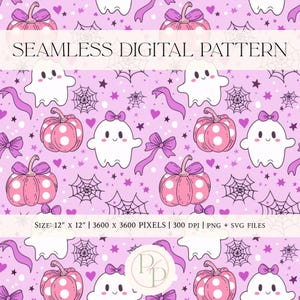 Cute Kawaii Halloween Purple Ghosts Digital Paper, Pink Pumpkin Spider Polkadots Seamless PNG | Summerween Wallpaper Background Pattern