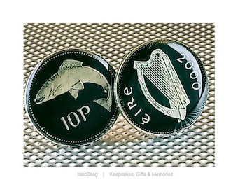 Enamelled Coin Cufflinks - Year 2000 - Ireland, Eire, Irish - Salmon & Harp - Dark Green